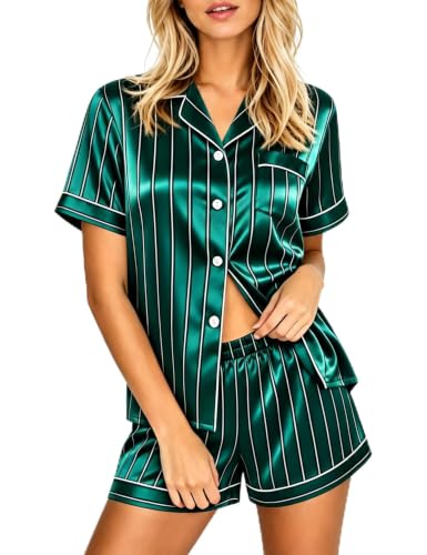 Image of LecGee Womens Silk Satin Pajamas Short Sleeve Loungewear Two-Piece Sleepwear Button-Down Pj Set