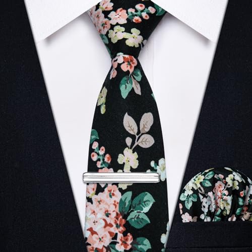 Image of YourTies Cotton Floral Tie for Men 2.5 inch Printed Skinny Necktie Pocket Square Tie Clip Set Flower Wedding Party Groom