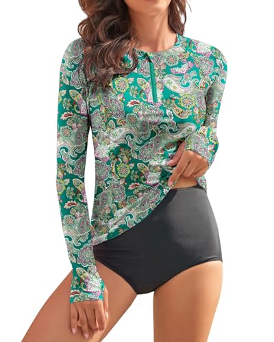 WOWENY Damen Schwimmshirt Langarm 1/ 4 Zip badeshirt Rashguard Sonnenschutz Swimsuits Bademode surf Shirt Strand Swimming Vest, PZ, M