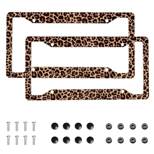 Leopard Aluminum Car License Plate Frame 2 PC Cheetah Print License Plate Covers Standard Durable License Plate Holders for Women & Men Car Accessories 4 Holes with Screws 12.3 X 6.3 in
