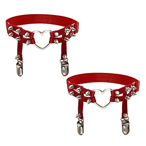 MILAKOO 2 Pcs Women PU Leather Punk Rivet Stud Leg Garter Belt (Red)
