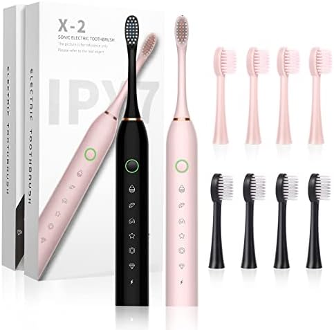 2 Pack Sonic Electric Toothbrush for Adults and Kids, Rechargeable Electric Toothbrushe with 8 Brush Heads, 6 Modes, 2 Minutes Smart Timer, 4 Hours Fast Charge for 45 Days(Pink-Black)