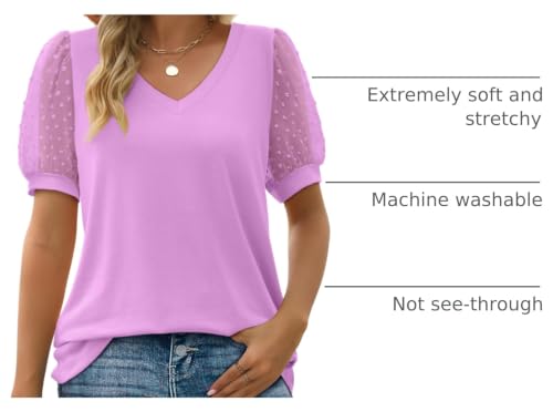 Image of Aokosor Womens Summer Tops V Neck T Shirts Swiss Dot Puff Sleeve Tops Loose Casual Tshirts