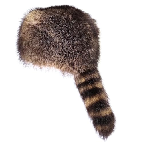 Handmade Real Coonskin Cap Natural 100% Raccoon Fur Hat Davy Crockett Style Traditional American Gift for Men & Boys (US Alpha Medium Large)