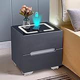 TUKAILAi Smart Bedside Table with Function of Mobile Phone Wireless Charging, 3 Color LED, 2 Drawers, Chest of Drawers Nightstand Bedside Table for Bedroom Living Room Black