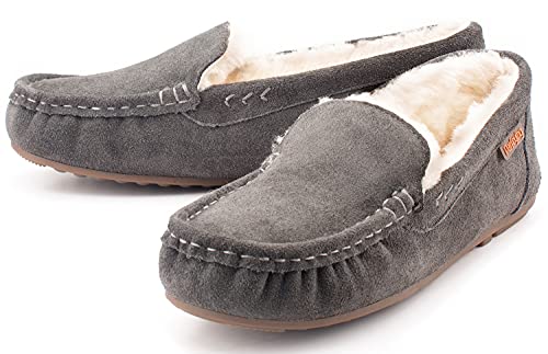 Parfeying Women's Sheepskin Moccasin Slippers Cow Suede Memory Foam Driving Style Indoor Outdoor Loafers,L20102 Charcoal 7.5Us #TOP6