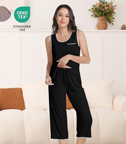 Image of NACHILA Women's Pajamas Set-Viscose Made From Bamboo, Sleeveless Pj Tank Top Capri Pants Soft Sleepwear Cooling Sleep Sets