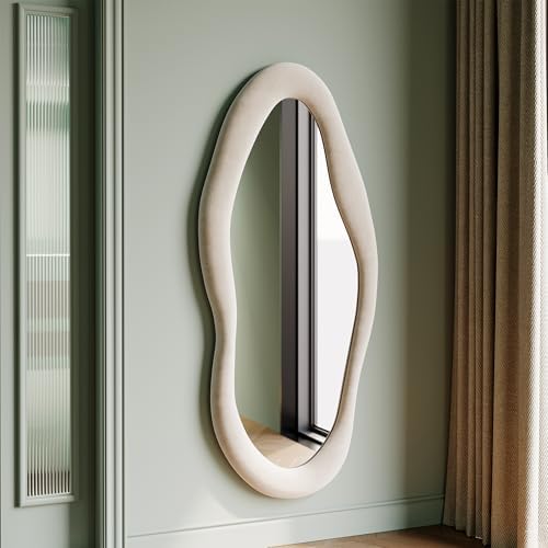 Honyee 55" x 24" Wall Mirror, Flannel Wrapped Wooden Frame Wavy M...