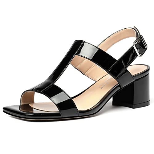 SHOWFOREST Women's Casual Slingback Office Ankle Strap Fashion Patent Square Toe Chunky Low Heel Pumps Shoes 2 Inch