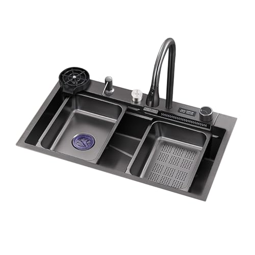 Genérico Fregadero de Cocina con Pantalla Digital de Cascada Nano Raindance de Acero Inoxidable, Fregadero de encimera con lavavasos, Grifo extraíble, empotrable o bajo encimera, para lavadero, frega