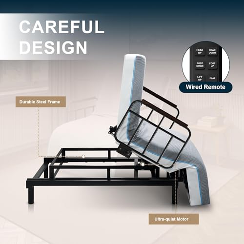 Adjustable Hospital Bed for Seniors Elderly with Mattress, Electric Lift Bed with Remote, Head&Foot Incline, Fall-Safe Frame&Meal Tray,Adjustable Bed Base for Safe Standing/Lying Aid/Sitting,Twin - Image 5