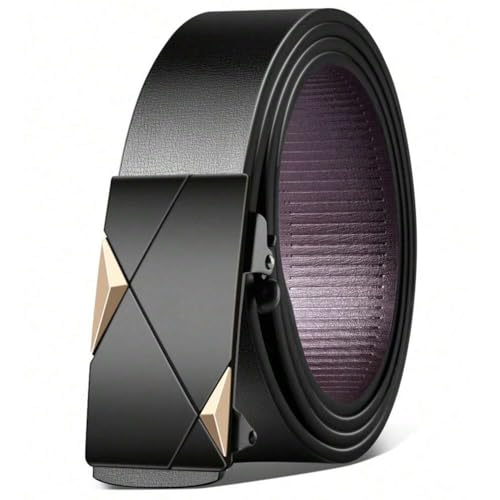 Men's Leather Ratchet Belt, Automatic Slide Buckle, Black, Adjustable Fit