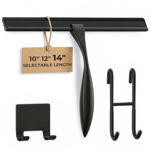 Image of Shower Door Squeegee with Hook - 14 inch Silicone Blade, Stainless Steel Black Squeegee for Shower Glass with Adhesive Mount - All-Purpose Bathroom Tile, Mirror, & Window Wiper for Streak-Free Cleaning