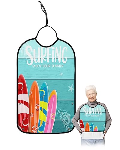 Kewadony Adult Bibs for Elderly Women - Summer Surfboard Beach Waterproof Dining Clothing Protectors with Crumb Catcher for Eating/Feeding, Ocean Teal Ombre Wood Terry Cloth Bib Machine Washable