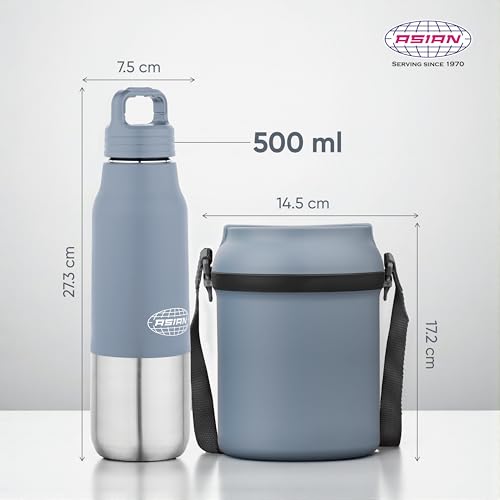 Image of ASIAN Stainless Steel Lunch Box (700ml) & Insulated Water Bottle (500ml) Combo Gift Set | Leakproof Steel Tiffin & Flask for Kids | BPA Free Back to School Essential Kit (Blue)