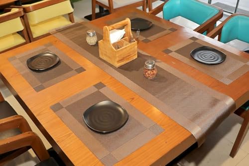 Image of PVC Placemats with Table Runner Crossweave Woven Vinyl Heat-Resistant Table Mats Non-Slip Washable for Kitchen Dinning Table (4Placemat+Runner180cm-Brown)