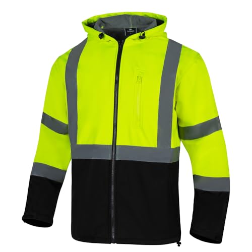 VENDACE Hi Vis Reflective Safety Jackets for Men Softshell Waterproof ANSI Class 3 High Visibility Work Jacket Hoodie Polar Fleece Lining(Yellow,XL)