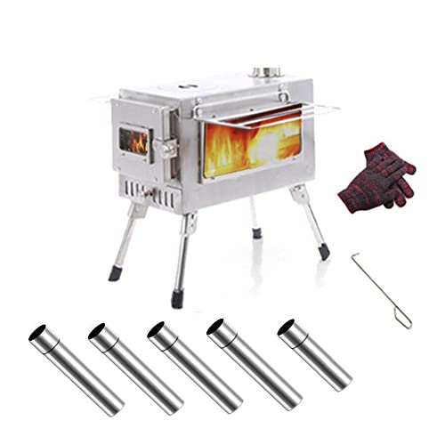 Estufa de leña plegable de acero inoxidable con chimenea de acero inoxidable independiente para exteriores – Estufa de calefacción, calefacción de tiendas de campaña, utensilios de cocina de camping