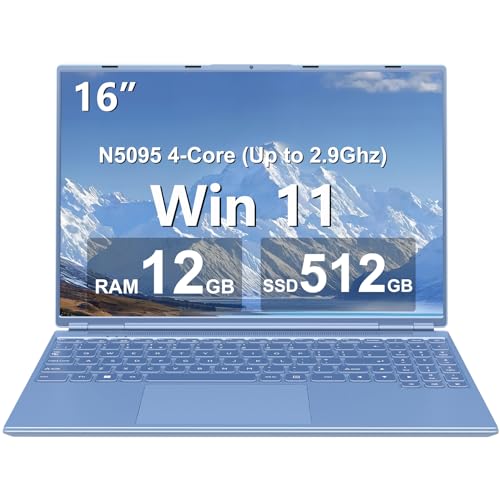 Ruzava 16 Laptop 12+512 GB Celeron N5095 (Up to 2.9Ghz) 4-Core Win 11 PC with Cooling Fan 1920 * 1200 2K Screen Dual WiFi Support 2.5 HDD 1 TB SSD Expand for Business Study-Blue