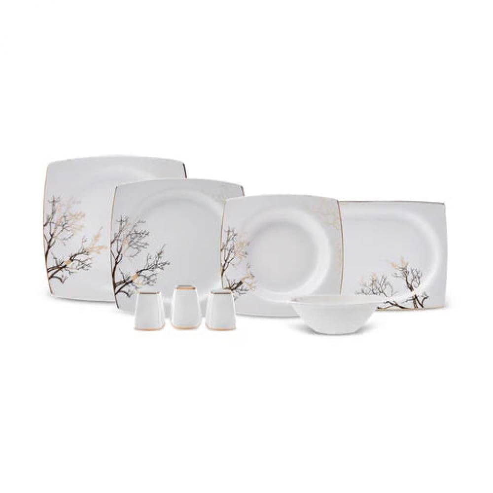 Karaca Square Bone Autumn - 53-teiliges Geschirrset für 12 Personen, Eckig Modern Teller Set aus Porzellan Bone China, Geschirr Set mit Müslischalen, Servierplatte, Pastateller, Dessertteller - Gold