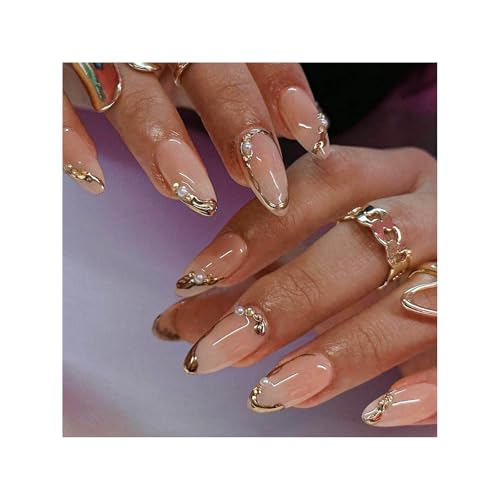 JOOTUEPO Kit De Faux Ongles, Acryliques en Amande, French Tip Press on Nails, Rayures Dorées Design, Réutilisables, Couverture Complète, pour Femmes et Filles, Pour DéButant Manucure Et Diy Nail Art