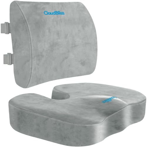 Image of CloudBliss Lumbar Support Pillow & Seat Cushion Set for Office Chair, Desk Chair, Wheelchair & Car - Memory Foam Back Support, Ergonomic Chair Cushions, Sciatica Pain Relief,Home Essentials,Light Grey