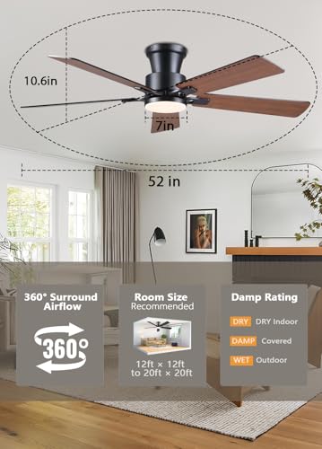 Image of JSAITEE 52Inch Ceiling Fan with Lights Flush Mount Low Profile Brown | Ceiling Fans,DC Reversible Motor, 3CCT Dimmable, Fan for Indoor Bedroom /Outdoor, Brown