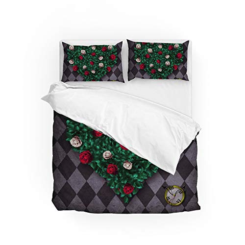 Ruchen Parure de lit Alice au pays des merveilles avec housse de couette et motif cœurs en pelouse, roses grises et diamants