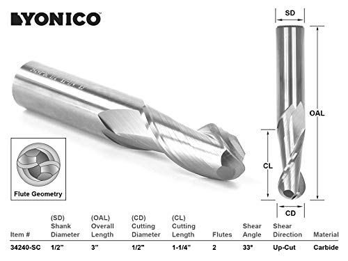 Image of YONICO CNC Endmill Router Bit Solid Carbide 1 /2-Inch Diameter X 1-1 /4-Inch Cutting Length 1 /2-Inch Shank 14424