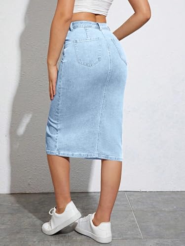 Image of Tagas Women High Waist Denim Midi Skirt with Front Slit | Stretchable Bodycon Pencil Skirt | Casual & Stylish Knee Length Skirt