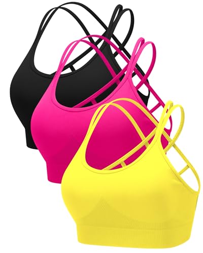 Image of RUNNING GIRL Sports Bras for Women 3Pack Strappy Bra | Medium Support, Removable Pads, Padded,Yoga, Pilates,Ultra Strectch,Comfort,Scoop Neck, Spaghetti Strap,Criss Cross Back