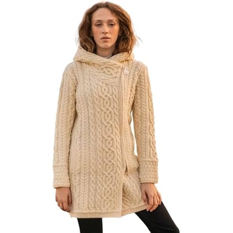 SAOL Ladies Irish Aran Zip Cardigan - 100% Merino Wool Coat with Pockets and Hood, Made in Ireland (US, Alpha, Medium, Regular, Regular, Natural) Cover