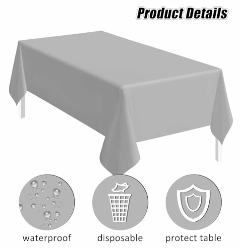 Image of SietDESEO 2 Pack Silver Plastic Tablecloth Rectangle 54 x 108 Premium Disposable Table Cloth Plastic Table Cover for Wedding Baby Shower Party Supplies Silver Tablecloth Disposable