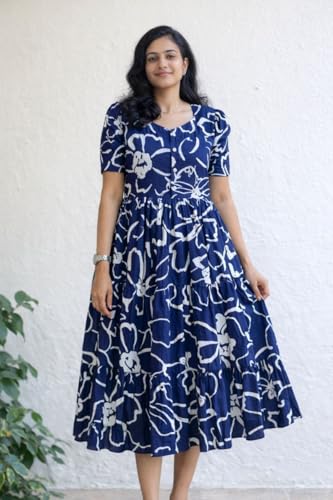 Image of Women's Blue Floral Print Tiered Midi Dress, Short Sleeve, Button-Front, Casual Summer Wear
