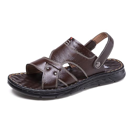 Men's Leather Flat Sandals Adjustable Back Strap Round Open Toe Non Slip Beach Slippers Summer Outdoor Casual Slip On Sandals