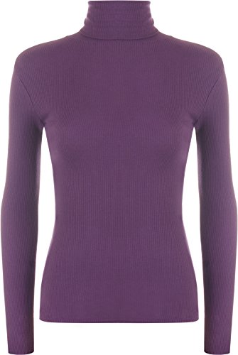 Style Lockers® Jersey de manga larga acanalada con cuello alto de tortuga para mujer, cuello redondo, camiseta casual con cuello redondo, talla grande, Reino Unido 8-26, Morado (, 44-46