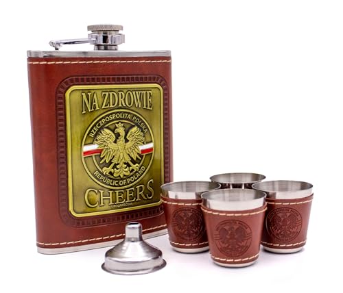 Polart - Poland Flask Set - Stainless Steel Gift Boxed set of Na Zdrowie - Cheers Republic of Poland (Rzeczpospolita Polska) Polish Flask and Four Shot Glasses with the Funnel