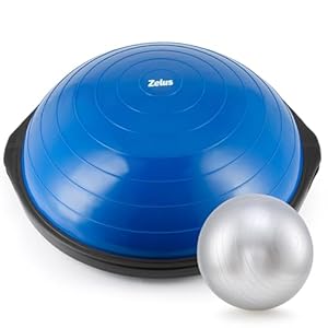 ZELUS 64cm Balance Ball | 680kg Inflatable Half Exercise Ball Wobble Board Balance Trainer w Nonslip Base | Half Yoga Ball Strength Training Equipment w 2 Bands, Pump, Extra Ball Included, Blue