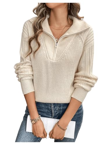 Image of MakeMeChic Women's Half Zip Pullovers Tops V Neck Collar Sweater Long Sleeve Fall Sweaters Apricot Medium