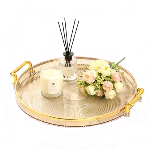 Tissting Bandeja Redonda con Asas, Oro ámbar Bandeja Redonda Transparente para Servir Pan Simple Fruta Postre Merienda Plato de Dulces para Cocina, Baño, Sala de Estar