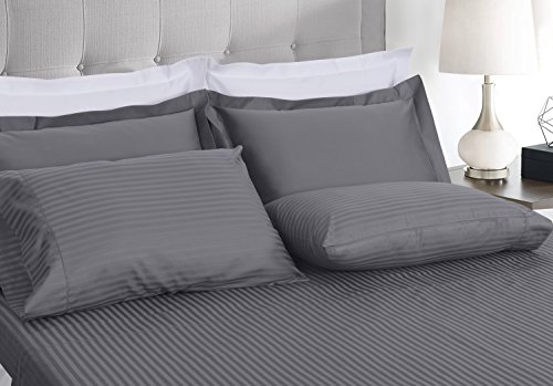 Image of Threadmill 100% Cotton Sheets for Cal King Size Bed - 600 Thread Count Cal King Bed Sheets Set with 16 inch Deep Pocket - Damask Stripe Sateen Weave 4-Piece Bedding Set with Cooling Effect, Dark Grey