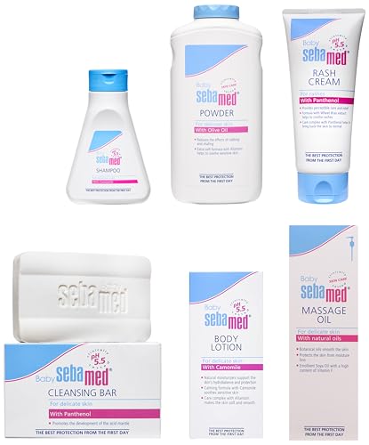 Image of Sebamed Infant Baby Care Combo of 6 (Powder 200gm, Body Lotion 100ml, Shampoo 150ml, Rash Cream 100ml, Massage Oil 150ml, Cleansing Bar 100 gm)