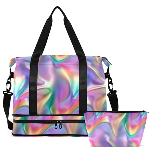 Iridescent Rainbow Travel Duffel Bag for Women Men Gym Bag with Shoe Compartment Wet Pocket Carry On Weekender Overnight Bags for Travel Weekend Getaway