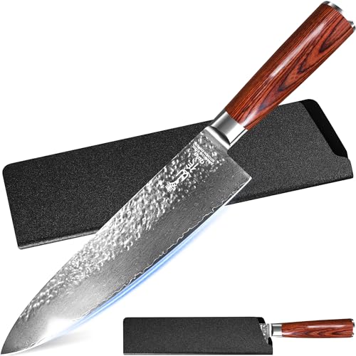 XYJ 8 Inch Damascus Chef Knife with Pakka Wood Handle, Ultra Sharp Professional Hammered Damascus Steel Chopping Knife for Vegetables, Meat Cutting, Kitchen Knife for Home, Restaurant