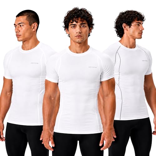 DEVOPS 3 Pack Men's Cool Dry Short Sleeve Compression Shirts, Sports Baselayer T-Shirts Tops, Athletic Workout Shirt (Large, White/White/White)