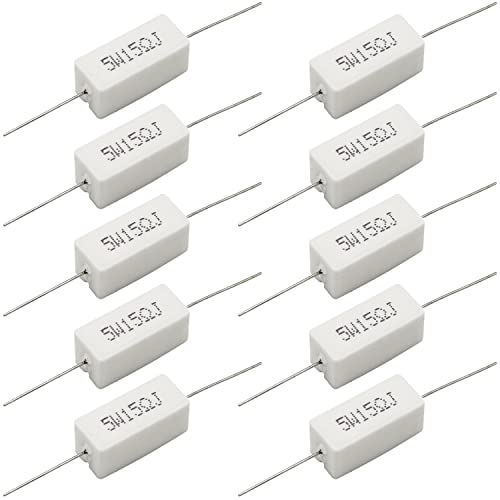 Cement Resistor,10 PCS 5W 15 Ohm 5% Axial Lead Wire Resistor White Wound Fixed Ceramic Cement Resistors Wirewound Cement Power Resistors Flame Heat Moisture Resistance Precharge Horizontal Resistors
