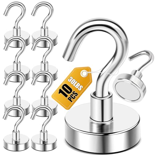 DIYMAG Magnetic Hooks for Cruise Cabins, 10 Pack 30lbs 2026 Ship Essentials N52 Magnet Hook Heavy Duty Strong Magnets Fridge for Hanging Cubicle Accessories Classroom Beach Kitchen Grills Silver