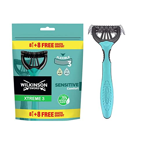 Wilkinson Sword Xtreme 3 Sensitive - Pack de 8 + 8 Maquinillas Desechables Con Una Banda Lubricante De Vitamina E y Aloe Vera - Optimas Para el Cuidado y Suavidad Facial