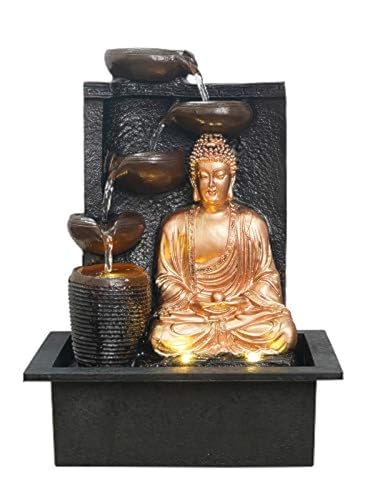 Image of Polyresin Golden Brown Meditating Buddha Tabletop Indoor 4 Diya Steps Water Fountain for Home Decor with Yellow LED Light & Speed Controller Pump (Size: 40 x 29.5 x 22CM | Wt: 2685grm)