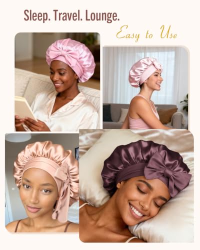 Image of Bonnet Queen Double Layer Silk Bonnet for Sleeping for Women Satin Lined Bonnet Night Sleep Cap Wrap for Curly Hair with Adjustable Tie Band, Maroonn